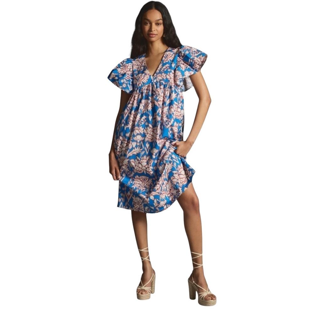Maeve Anthropologie Babydoll Midi Dress Blue Floral V-Neck XL Flutter Pocket